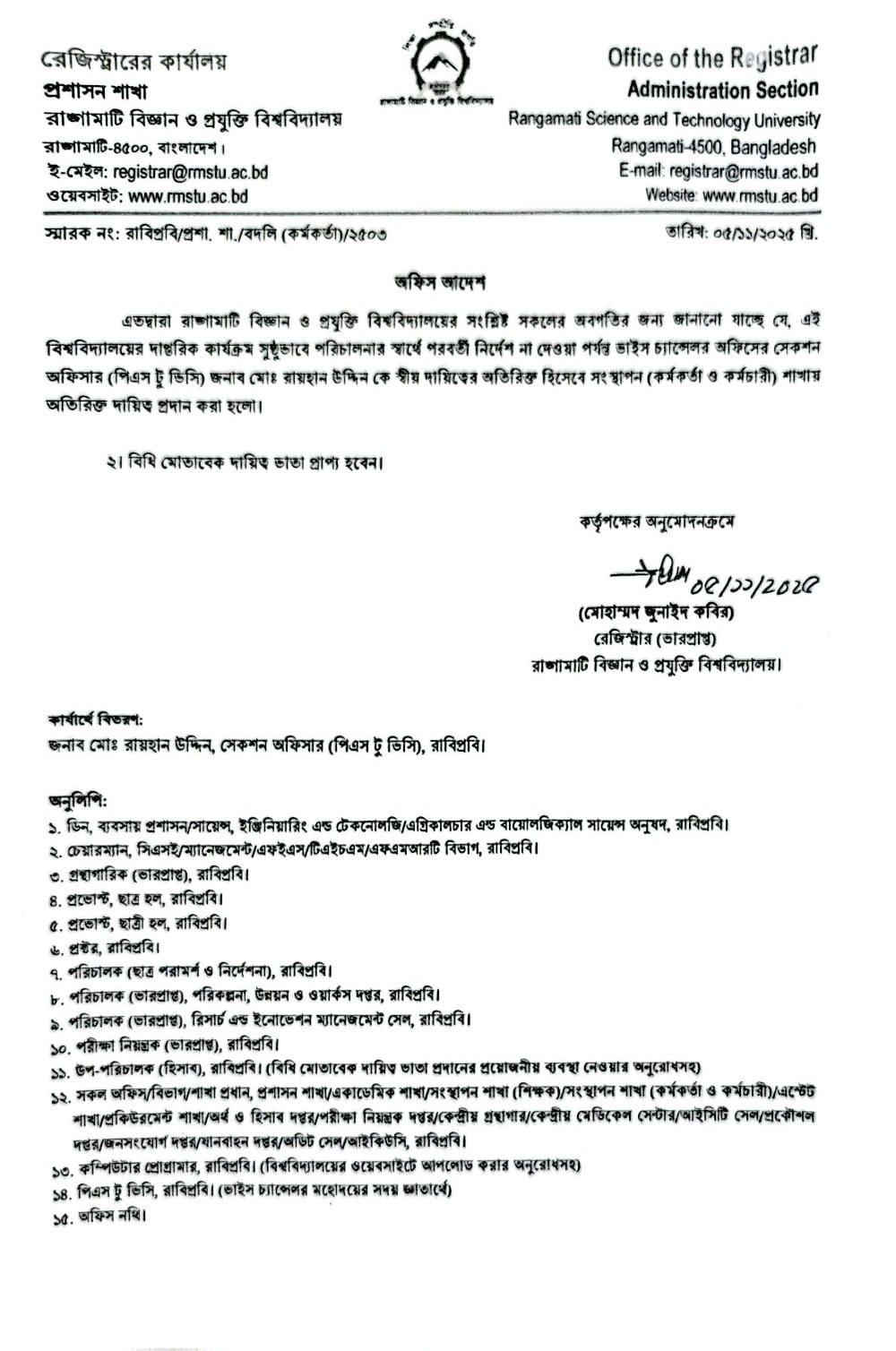 জনাব মো: রায়হান উদ্দিন, পিএস টু ভিসি, সংস্থাপন শাখায় অতিরিক্ত দায়িত্ব পালনের অফিস আদেশ